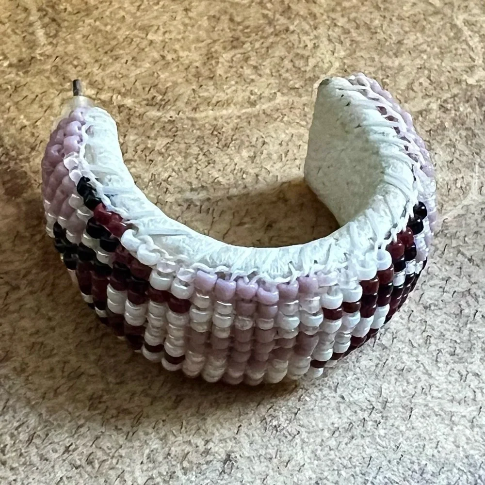 Native American Beaded Wide Hoop Earrings Post Back Purple White Burgundy Black